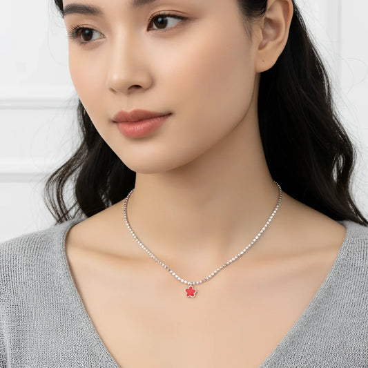 Collana Tennis in Cristallo d’Oro con Ciondolo Quadrifoglio Rosso - delicata collana catena