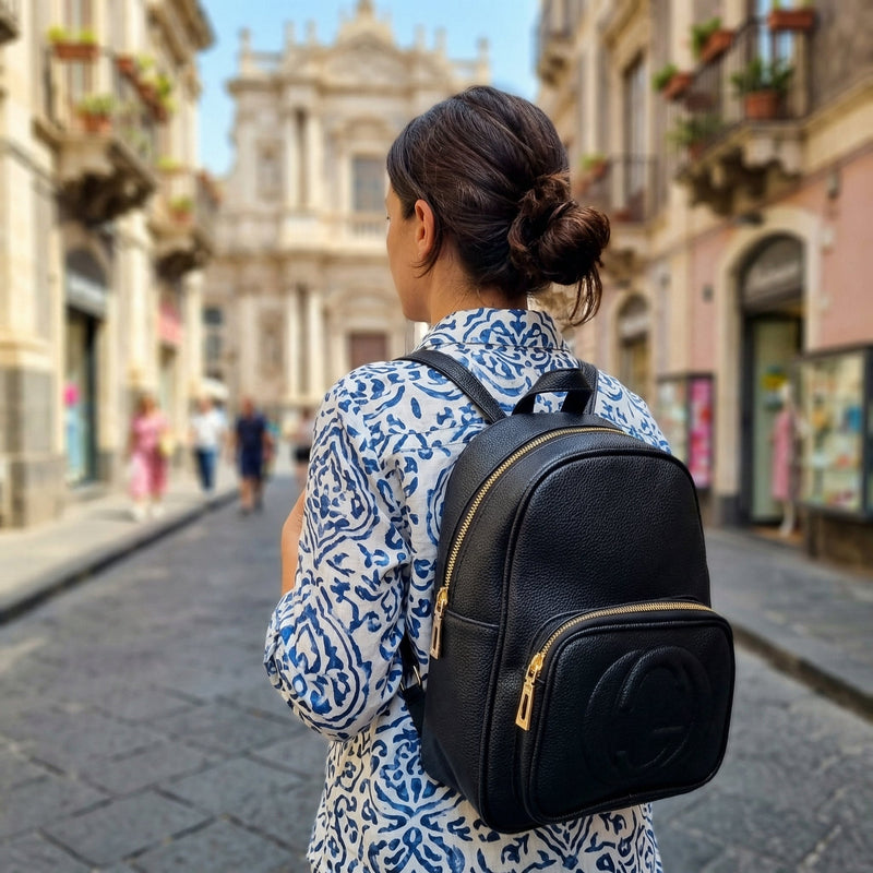 Zaino donna in pelle blu con effetto embossed Zaini