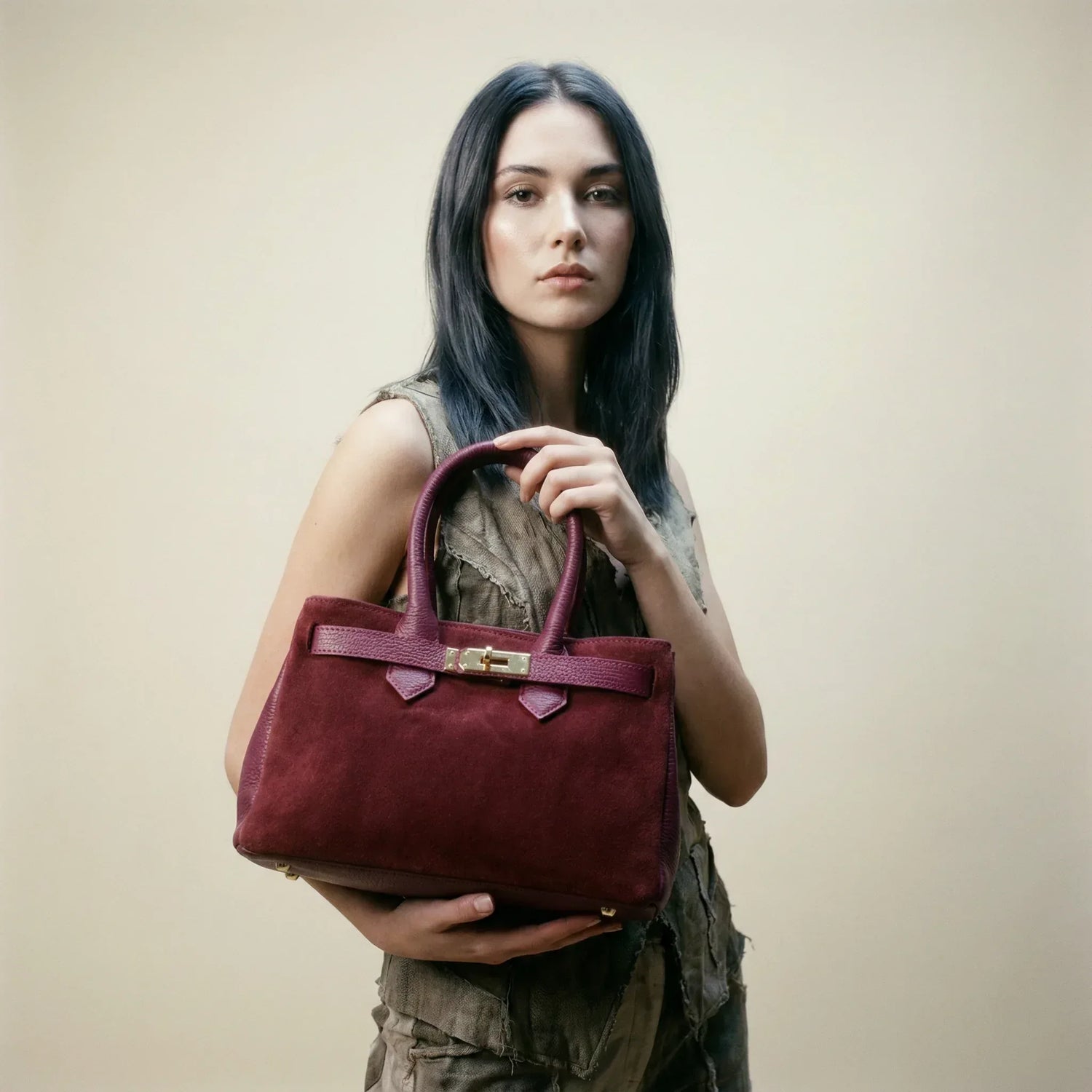 Borsa in suede bordeaux con chiusura e manici oro tono, Nuove borse e accessori da donna