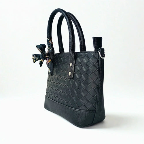 Black Leather Shopper Bag with Woven Texture and Scarf Accent - Stile Donna Bags