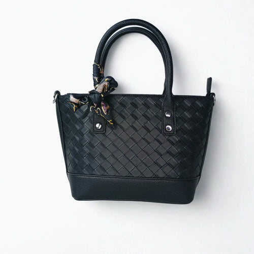 Black Leather Shopper Bag with Woven Texture and Scarf Accent - Stile Donna Bags