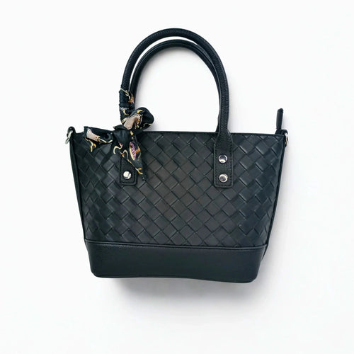 Black Leather Shopper Bag with Woven Texture and Scarf Accent - Stile Donna Bags
