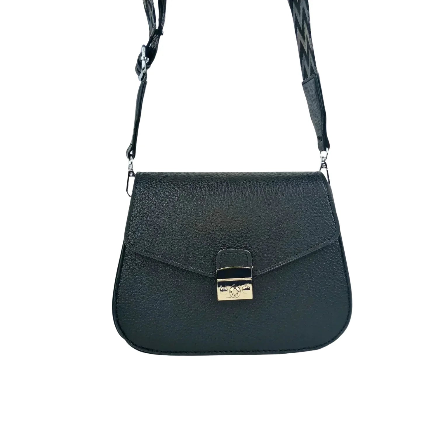 Borsa a Patta in Pelle Nera con Chiusura Argento - borsa tracolla pelle