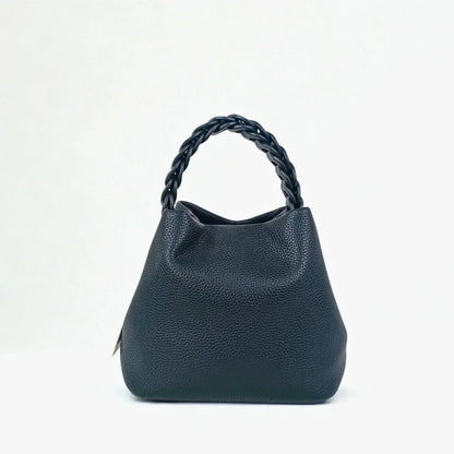 Borsa a Secchiello Giallo Senape con Manico Intrecciato - borsa secchiello pelle