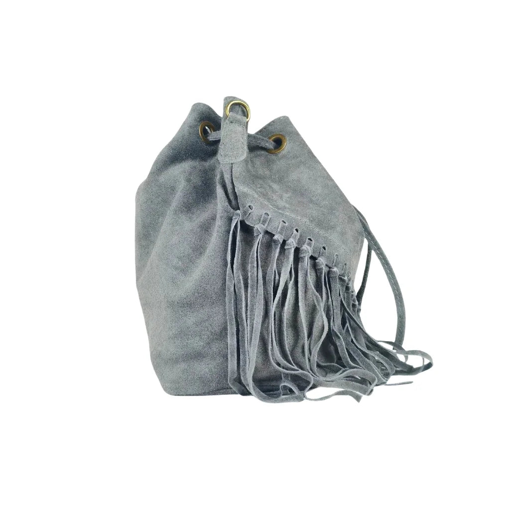 Borsa a Secchiello in Camoscio con Frange - borsa secchiello suede