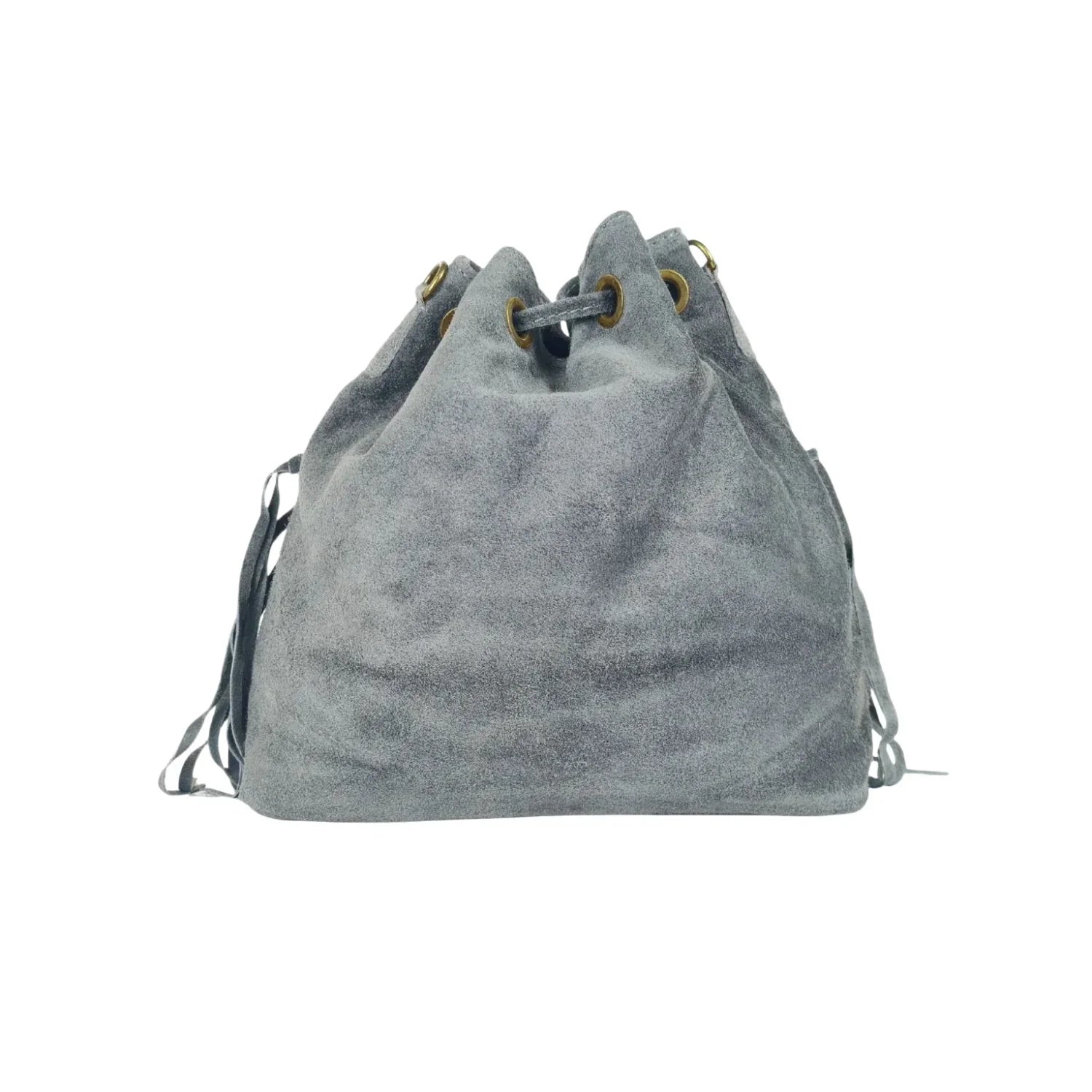 Borsa a Secchiello in Camoscio con Frange - zaino suede grigio