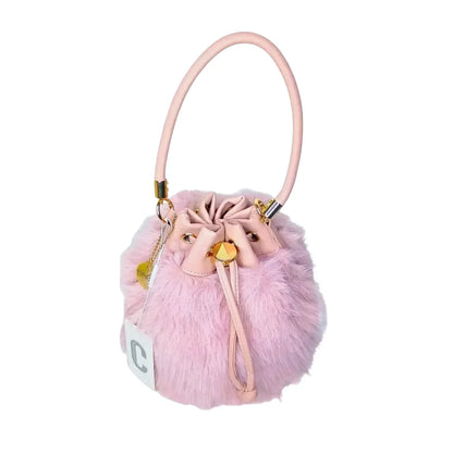 Borsa a secchiello in pelliccia sintetica con design pratico - morbida borsa