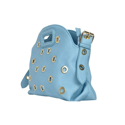 Borsa a spalla con occhielli circolari oro - borsa pelle azzurra