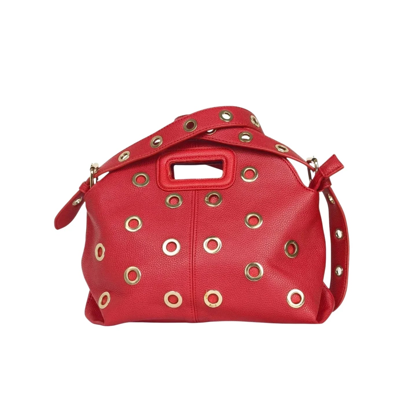Borsa a spalla con occhielli circolari oro - borsa pelle rossa