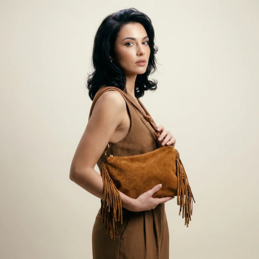 Borsa a tracolla in camoscio con frange boho - borsa