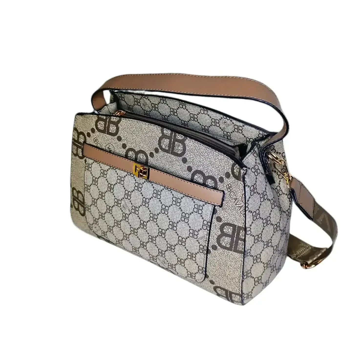 Borsa Satchel in Pelle con Motivo Monogramma - borsa monogramma beige