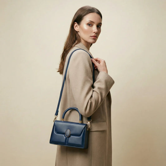 Borsa Strutturata Classica con Hardware Oro - borsa pelle blu