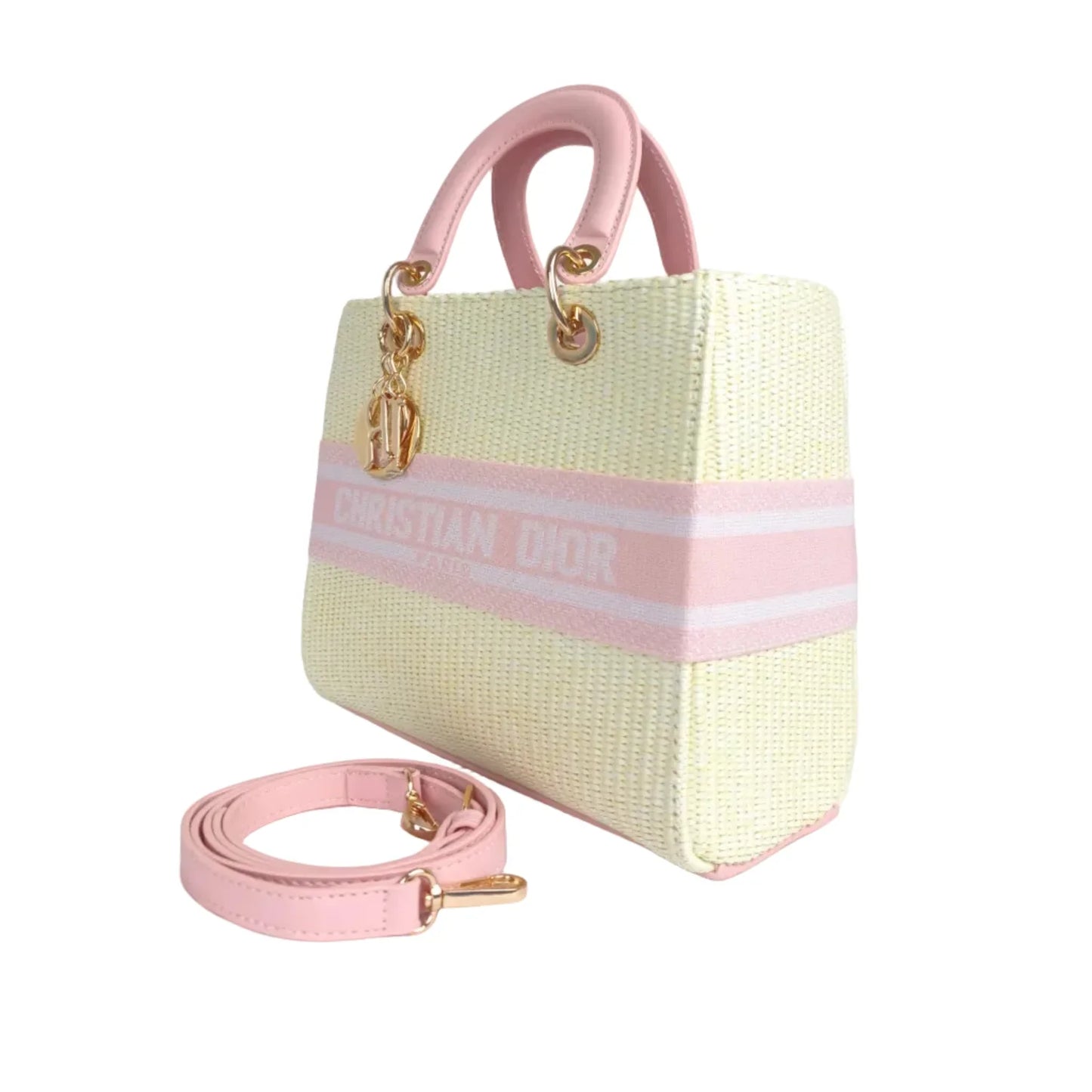 Borsa Tote Intrecciata Dior Rosa e Crema - borsa paglia intrecciata