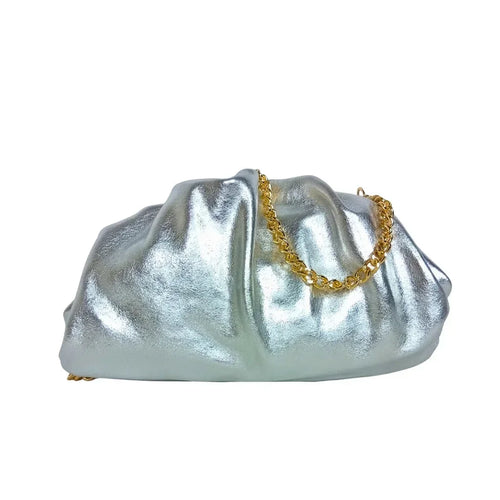 Metallic silver ruched clutch bag with gold chain MS-8799 - Stile Donna Bags