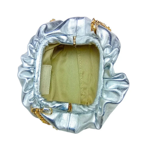 Metallic silver ruched clutch bag with gold chain MS-8799 - Stile Donna Bags