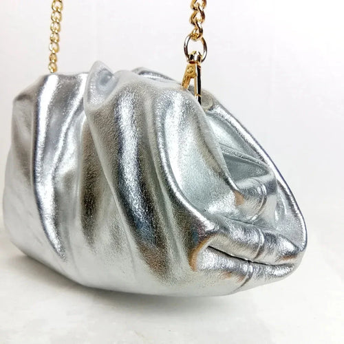 Metallic silver ruched clutch bag with gold chain MS-8799 - Stile Donna Bags