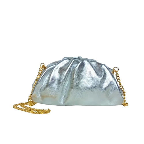 Metallic silver ruched clutch bag with gold chain MS-8799 - Stile Donna Bags