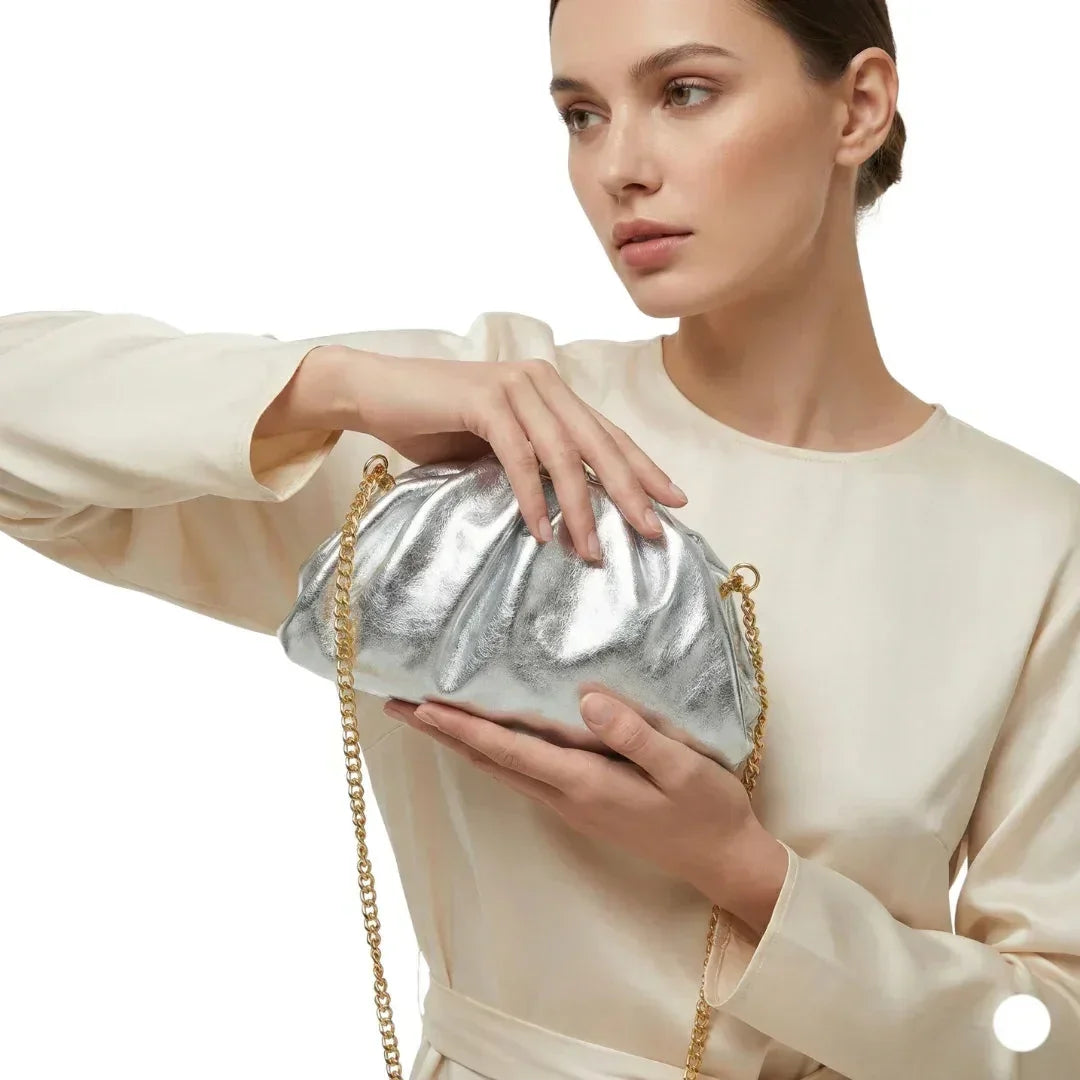Metallic silver ruched clutch bag with gold chain MS-8799 - Stile Donna Bags