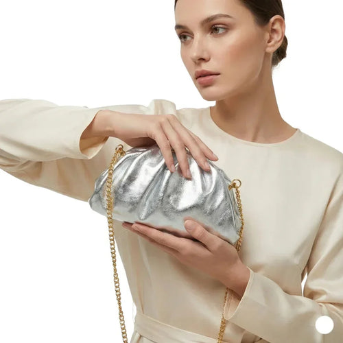 Metallic silver ruched clutch bag with gold chain MS-8799 - Stile Donna Bags