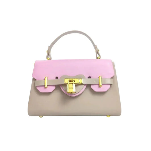 Mini borsa kaki e rosa con lucchetto in oro - bicolore