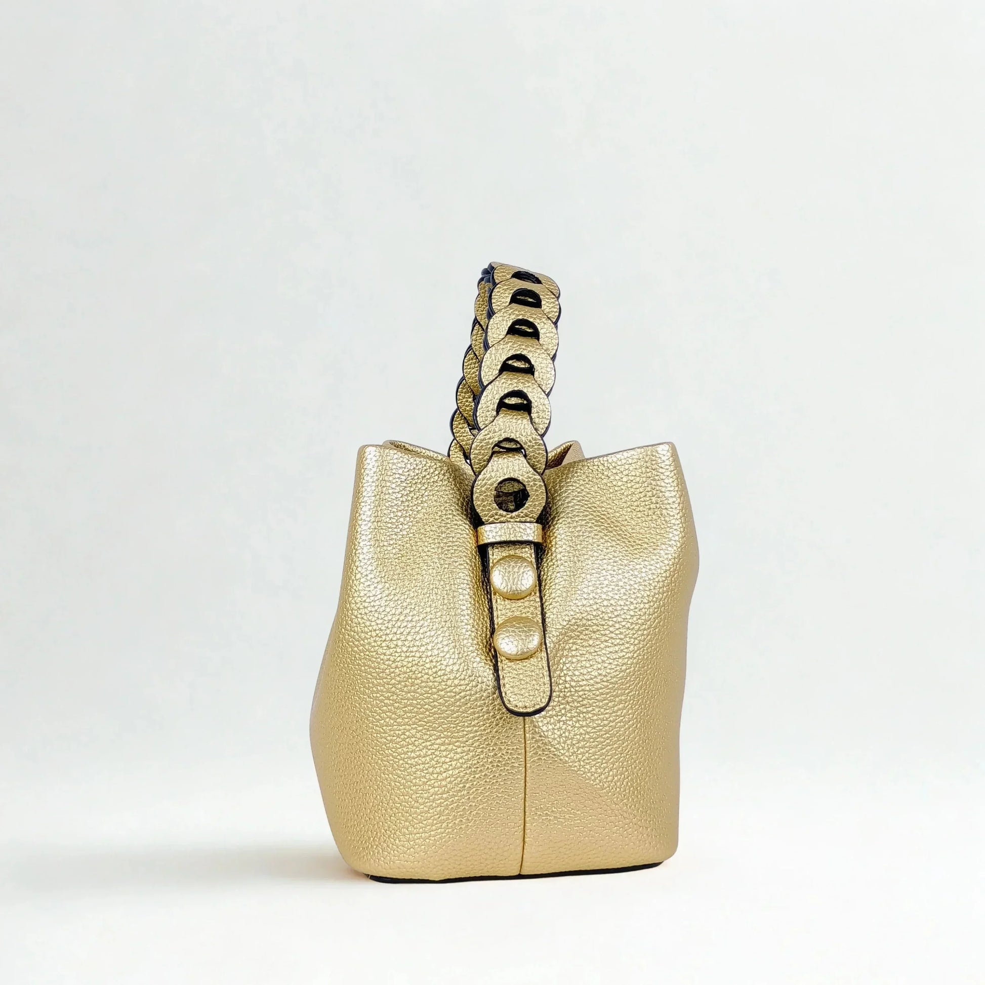 Mustard Yellow Leather Bucket Handbag with Braided Handle - Stile Donna Bags