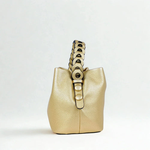 Mustard Yellow Leather Bucket Handbag with Braided Handle - Stile Donna Bags