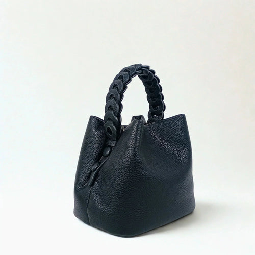 Mustard Yellow Leather Bucket Handbag with Braided Handle - Stile Donna Bags