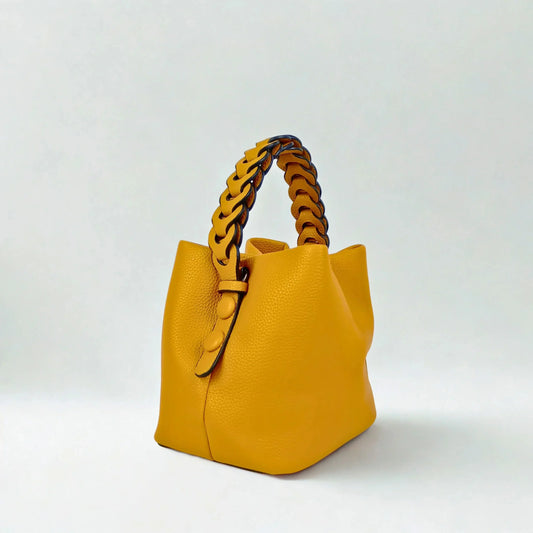 Mustard Yellow Leather Bucket Handbag with Braided Handle - Stile Donna Bags