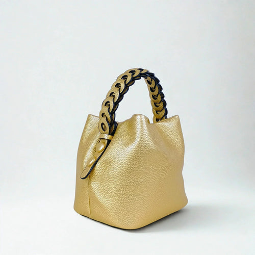 Mustard Yellow Leather Bucket Handbag with Braided Handle - Stile Donna Bags