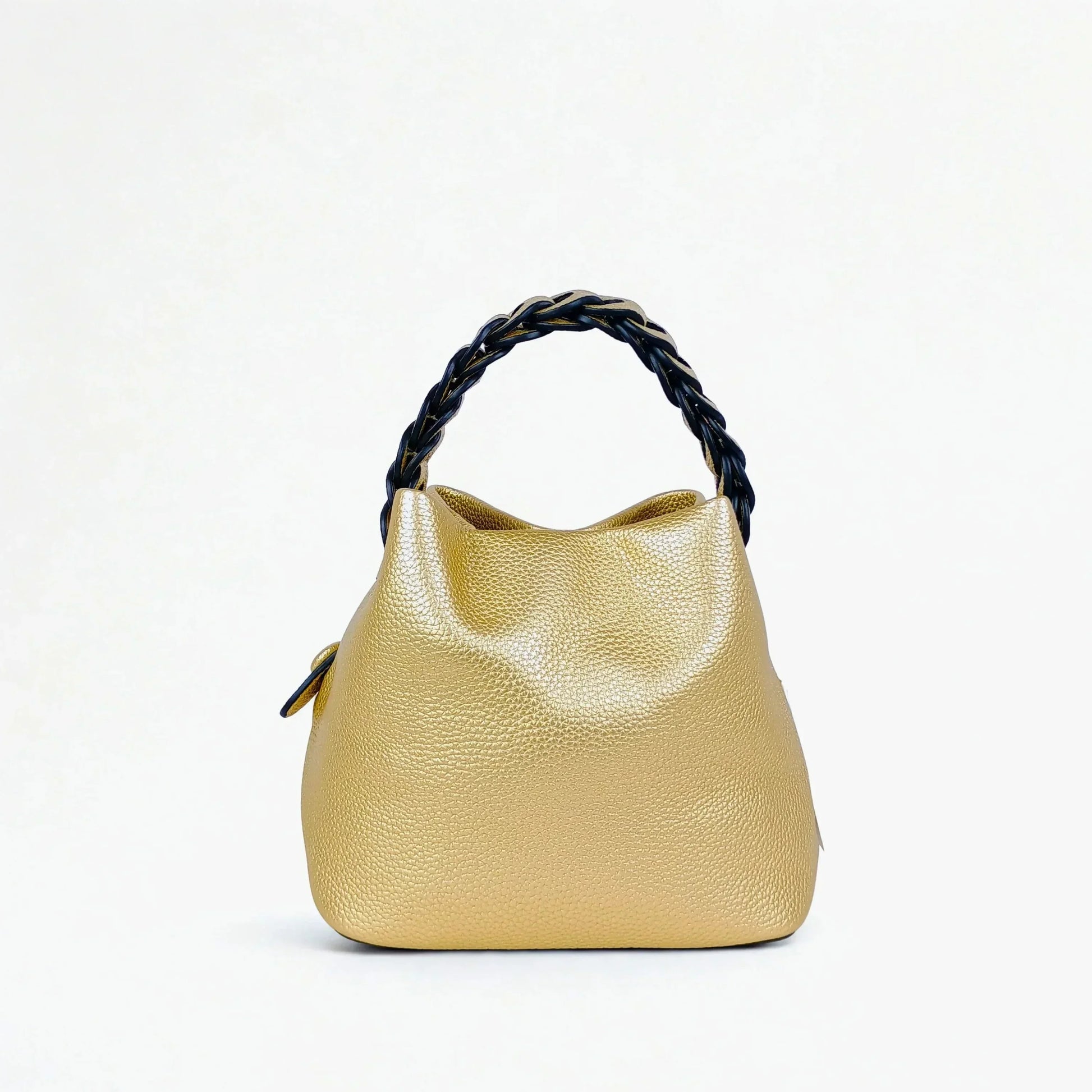 Mustard Yellow Leather Bucket Handbag with Braided Handle - Stile Donna Bags