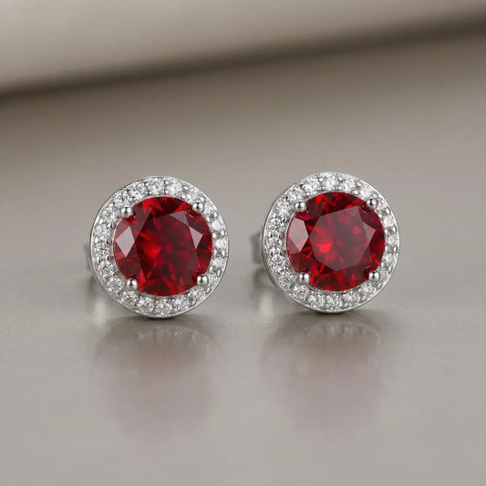 Orecchini a Lobo con Rubino e White Halo Stud - paio eleganti orecchini