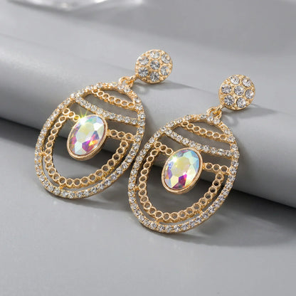 Orecchini Pendenti Tono Oro con Strass Iridescenti - pendenti chandelier tono