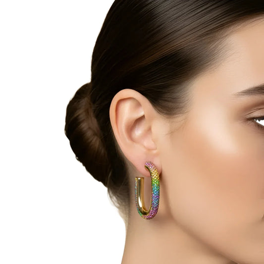Orecchini Rainbow Crystal U-Hoop in Tono Oro - orecchino cerchio pietre
