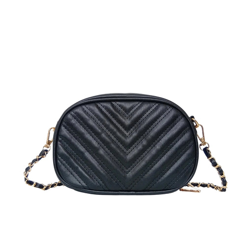 Quilted oval crossbody bag - V-stitched pattern MS-5941 - Black - Crossbody