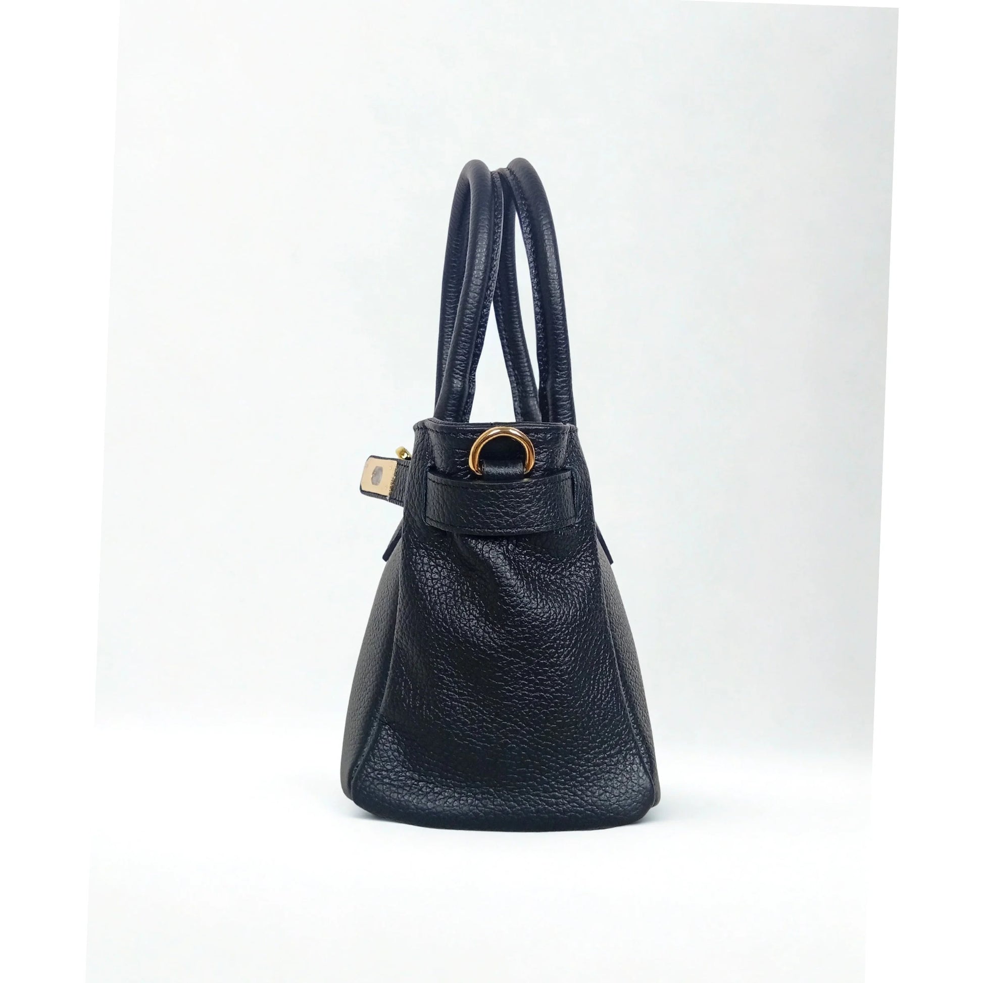 Velinara MS-0787 full-grain leather handbag with detachable strap - Black - Handbag