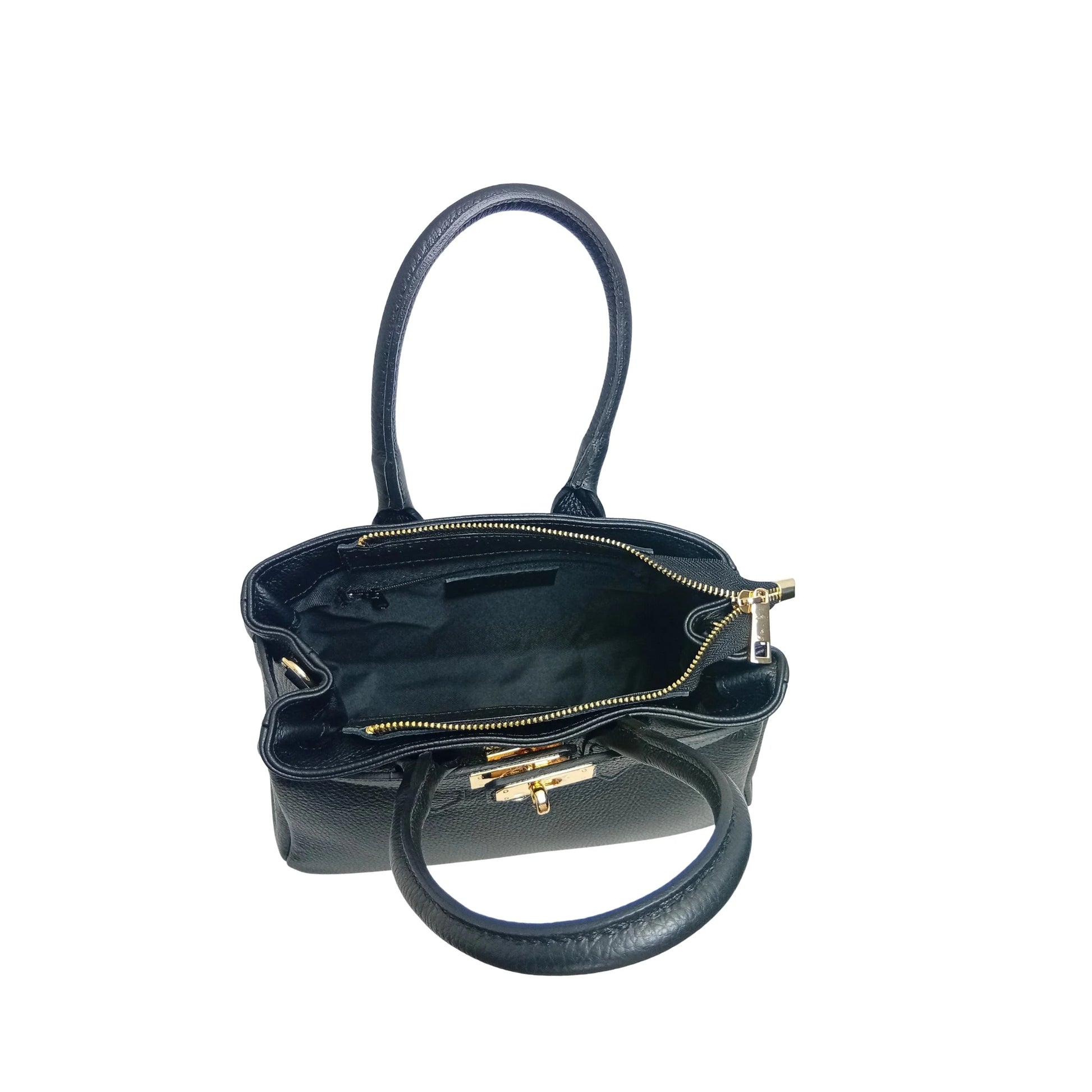 Velinara MS-0787 full-grain leather handbag with detachable strap - Black - Handbag