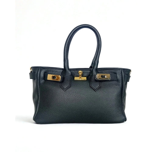 Velinara MS-0787 full-grain leather handbag with detachable strap - Black - Handbag
