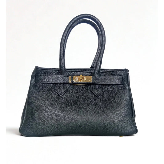 Velinara MS-0787 full-grain leather handbag with detachable strap - Black - Handbag