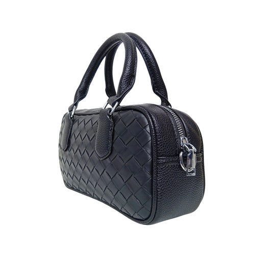 Woven Leather Barrel Bag MS-4299 - Black - Handbag