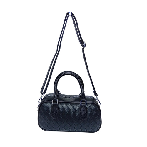 Woven Leather Barrel Bag MS-4299 - Black - Handbag